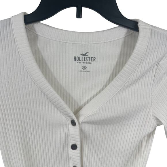 Hollister White Ribbed Henley Top XS Button A&F Elena Gilbert Bella Y2K Inspire - Picture 3 of 7